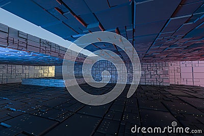 Dark ruins with circuit texture wall, sci-fi architecture background, 3d rendering Cartoon Illustration