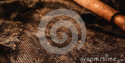 Dark rusted oven tray background. Baking grunge sheet backdrop for cooking. Pastries and bakery, selective focus Stock Photo
