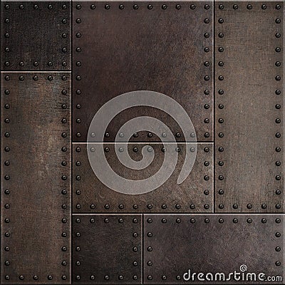 Dark rusty metal plates with rivets seamless background or texture Stock Photo