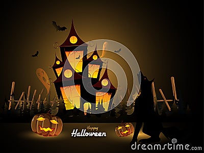 Dark, scary background with haunted castle, illuminated Jack-O-Lantern and yelling wolf for Halloween festival concept. Stock Photo