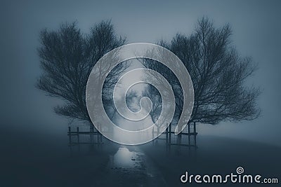 Dark scary landscape with path surrounding by trees and fog Stock Photo