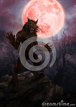 Scary werewolf with full moon - digital illustration Cartoon Illustration