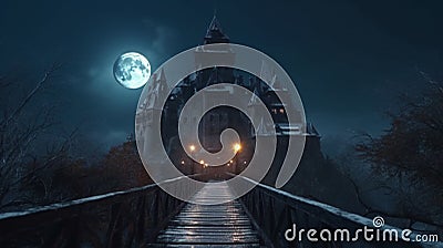 Dark scene with Gothic castle, gloomy palace in full moon. Generative AI Stock Photo