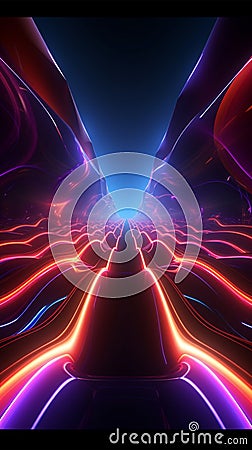 Dark scene lit by 3D neon light trails dynamic energy Stock Photo