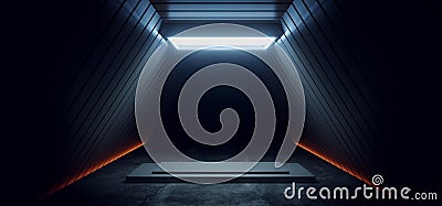 Dark Sci Fi Futuristic Cyber Stage Podium Neon Orange White Led Spotlight Glowing Triangle Modern Spaceship Tunnel Corridor Stock Photo