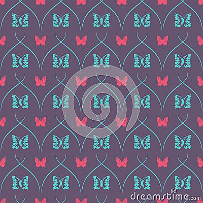 Dark seamless background with butterflies and oblique thin lines. Stock Photo