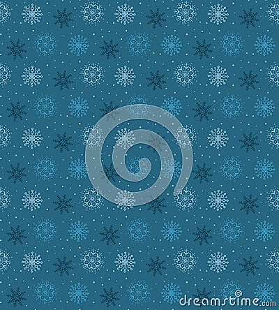 Dark seamless pattern of many light snowflakes on blue background. Soft Christmas winter theme for gift wrapping. New Year Stock Photo