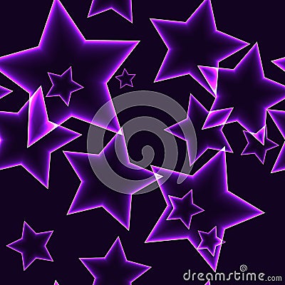 Dark seamless pattern with purple neon outline stars Vector Illustration