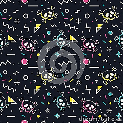 Seamless pattern with skulls. Memphis style. Vector Illustration