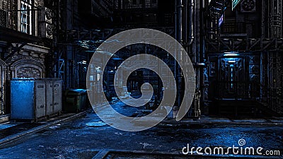 Dark seedy backstreet in a fantasy future cyberpunk city with moody blue tones. 3D illustration Stock Photo