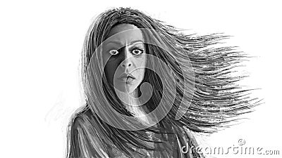Dark shaman woman with flowing hair Cartoon Illustration