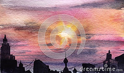 Dark silhouette of the city against the background of a pink gray blue sunset sky with cirrus clouds. High-rise buildings Cartoon Illustration