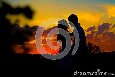 Dark silhouette of a couple in love after sunset on a background of incredibly beautiful sky and trees. Stock Photo