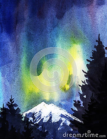 Dark silhouettes of tall firs against the background of the northern lights and snow-capped mountains. Cartoon Illustration