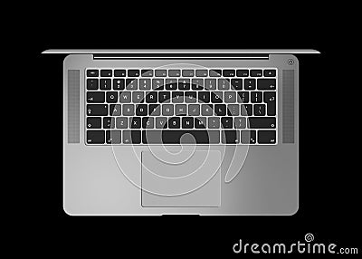 Dark silver Open laptop. Top view 3D render isolated on black Cartoon Illustration