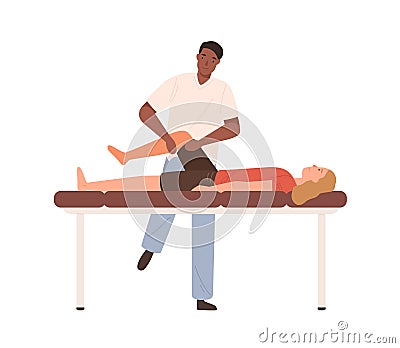 Dark skin male chiropractor making rehabilitation massage of legs to female patient vector flat illustration. Doctor or Vector Illustration