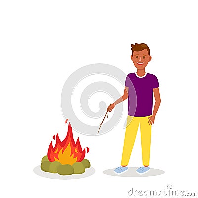 Dark Skin Man Standing near Bonfire Vector Clipart Vector Illustration