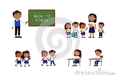 Dark skin schoolchildren and teachers. Cheerful classmates standing near blackboard. Vector Illustration