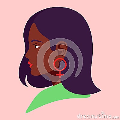 Dark skinned feminist girl looking to the site. Afro american or african woman with feminine gender symbol earrings. Flat style Vector Illustration
