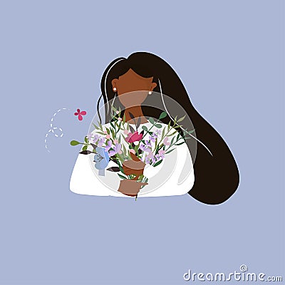 Dark-skinned girl with a long black hair holding a colourful bouquet. Romantic concept. Vector Illustration