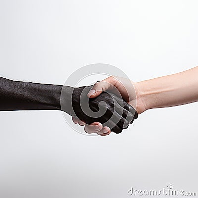 A dark-skinned man's hand shakes a white-skinned hand, close-up on white. Concept of friendship, good relationship, Stock Photo