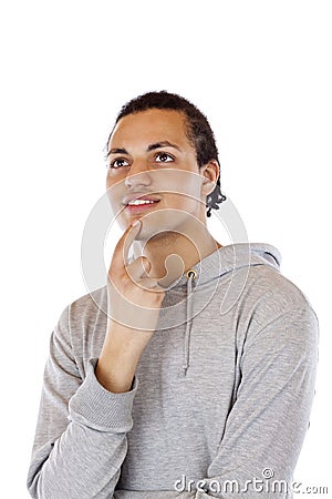 Dark-skinned modern teenager looks up curiously Stock Photo