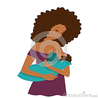 A dark-skinned young woman feeds her child. Isolated on white background. Vector clip art Stock Photo