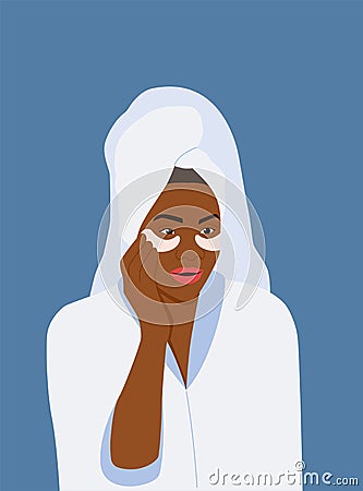 Dark-skinned young woman towel puts patches on her face. Vector Illustration