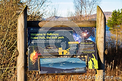 Dark Sky Park Sign, Galloway Forest Park, Clatteringshaws Loch, Scotland Editorial Stock Photo