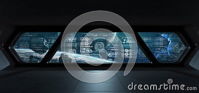 Dark spaceship interior with control panel digital screens 3D re Stock Photo