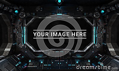 Dark spaceship interior with large window view 3D rendering Stock Photo