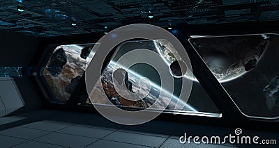 Dark spaceship interior with large window view 3D rendering Stock Photo