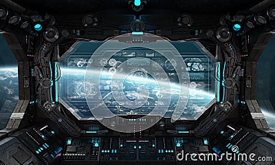 Dark spaceship interior with control panel digital screens 3D rendering Stock Photo