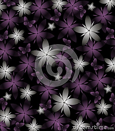 Dark Spring Background with Gray and Purple Flowers on Black. Stock Photo