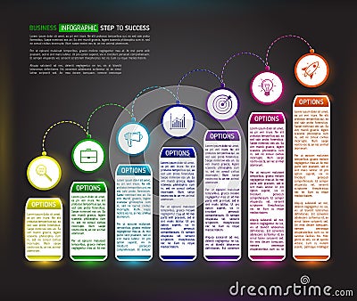 Dark stairs infographic design template with 7 multi colored successively connected circular elements with icons, and text boxes. Vector Illustration