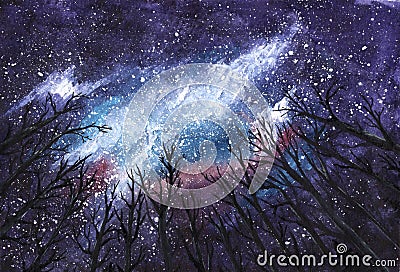 Dark night - Milky Way in the sky through silhouettes of trees - Universe watercolor hand-drawn illustration Cartoon Illustration
