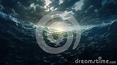 Dark stormy ocean with waves and splashes of water, in dim sunlight. Light glowing through turbulent clouds. Generative AI Stock Photo