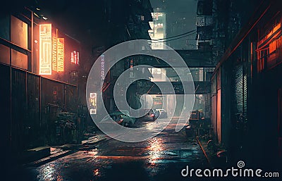 Dark street in cyberpunk city, image of gloomy road like watercolor style, generative AI Stock Photo