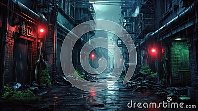 Dark street in cyberpunk city at night, gloomy dirty alley in rain Stock Photo