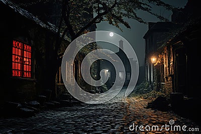 Dark street in a haunted village at night Stock Photo