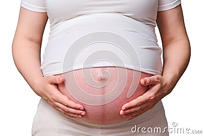 Dark stripe on the belly of a pregnant woman, studio shot isolated on a Stock Photo