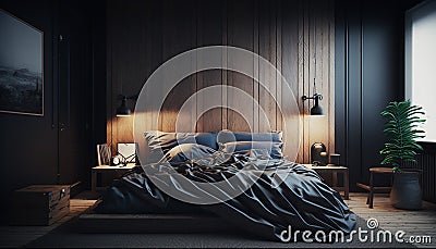 Dark stylish bedroom interior with wooden panel, black bed, Generative AI Stock Photo