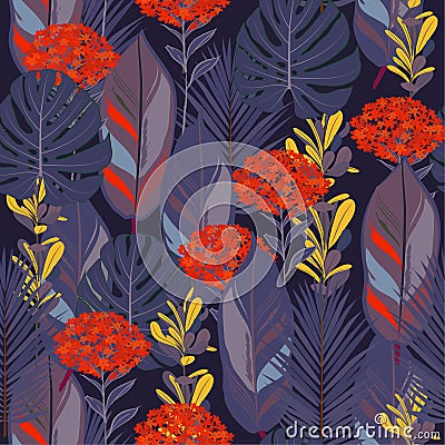 Dark Summer ninght colorful botanical jungle leaves pattern, tropical seamless, hydenyear flower for fashion fabric and all prints Stock Photo