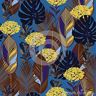 Dark Summer ninght retro botanical jungle leaves pattern, tropic Stock Photo