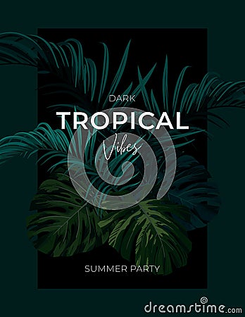 Dark summer tropical background with exotic palm leaves. Vector floral template. Vector Illustration
