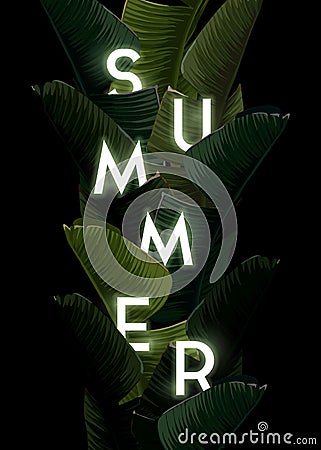 Dark summer tropical design with banana palm leaves and integrated text with 3d effect. Vector backdrop illustration. Vector Illustration