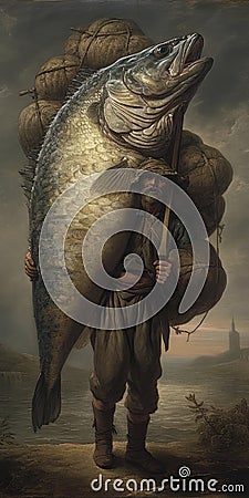 Dark Surreal Art of a Fisherman Carrying a Huge Fish Coming Back Home. Stock Photo