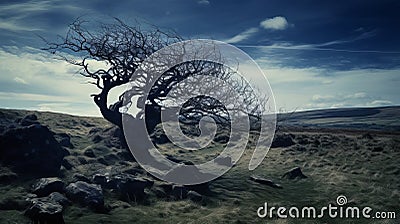 Dark Surrealist Tree In Field: British Topographical Uhd Image Stock Photo