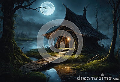 A dark swamp with a witch-s hut Stock Photo