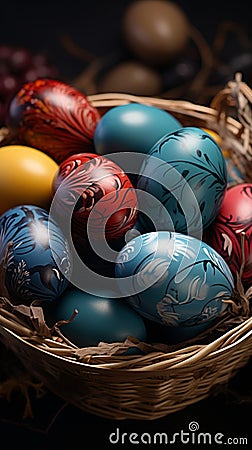 Dark themed setting with a basket of beautifully colored Easter eggs Stock Photo